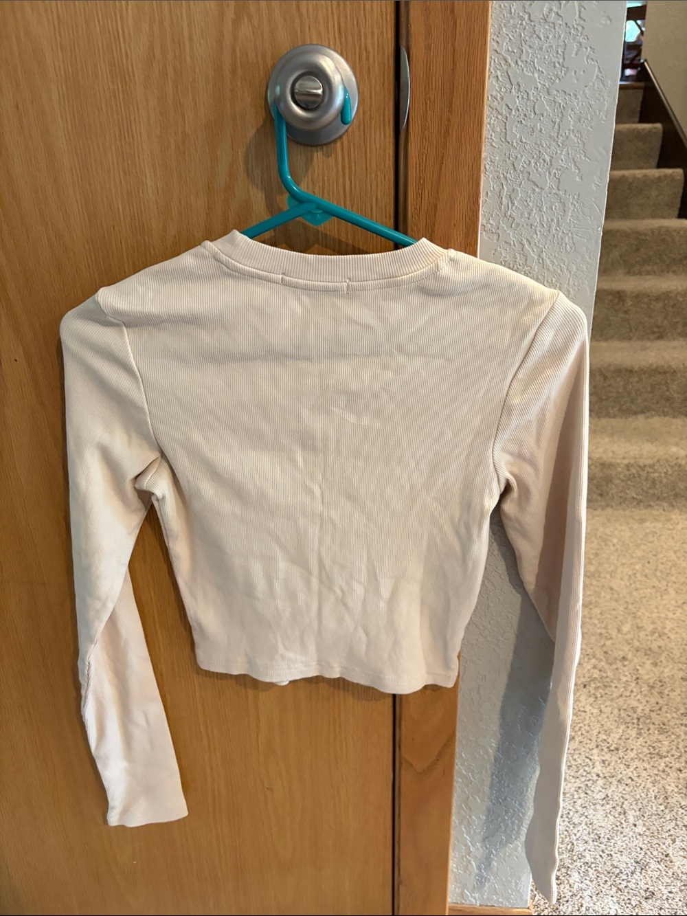 Cropped Long Sleeve Tee in Beige — Classic Crewneck - Picture 3 of 3
